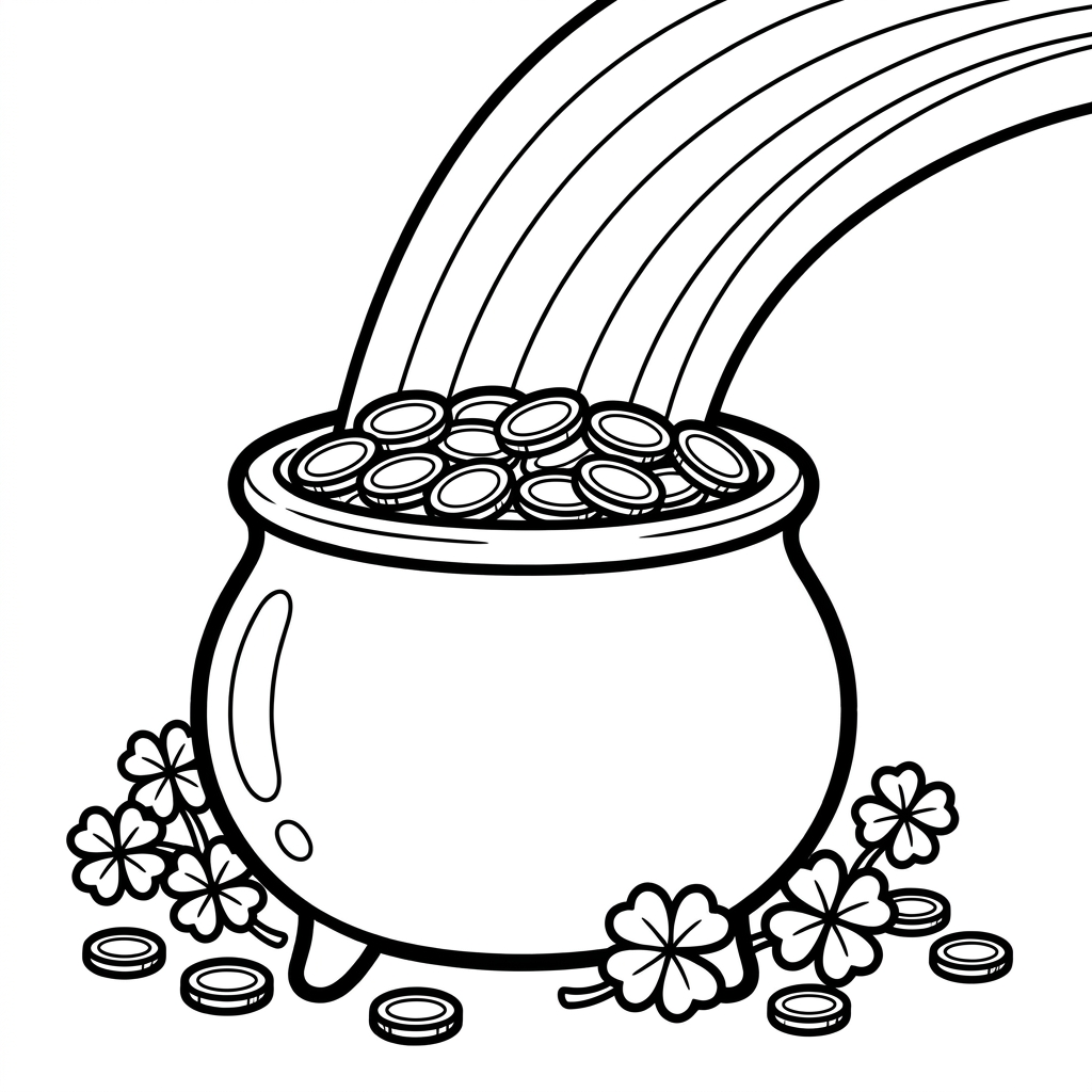 Pot of gold rainbow coloring page — free printable rainbow coloring page with lucky pot of gold for kids.
